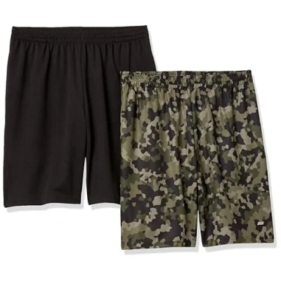 Image of Amazon Essentials Men&#039;s Performance Tech Loose Fit Shorts (Available in Big &amp; Tall), Pack of 2, Black/Green Geo Camo, XL