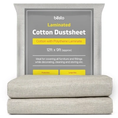Image of Pack of 2 Laminated Cotton Dust Sheets for Decorating, Waterproof 12ft x 9ft Twill Polythene Backed Reusable Paint Furniture, Floor, Staircase and DIY Projects