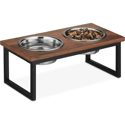 Image of Relaxdays Bowl Stand, Stainless Steel Bowls, Capacity 1000 ml, Mango Wood Dog Feeding Station, HBT 16.5 x 42 21 cm, Natural