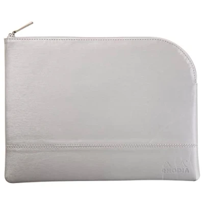 Image of RHODIA 116721C Faux Leather Zipped Pouch Silver Size L (21x28 cm) Real Stitching Orange Fabric Interior Storage of Documents, Small Supplies