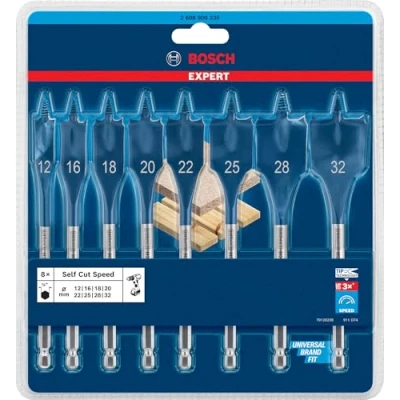 Image of Bosch Professional Set of 8 Expert SelfCut Speed Flat drill Bits (for softwood, chipboard, diameter 12 32 mm, impact accessory)