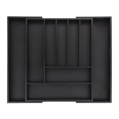 Image of Relaxdays Extendable Cutlery Tray, Bamboo, 7 9 Compartments, HWD: 5 x 33.5 49.5 44.5 cm, Kitchen Drawer Insert, Black, 90% 10% fibreboard, cm