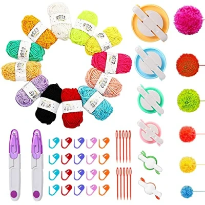 Image of Allazone 57 PCS Pompom Maker Pom Making Tool Set with Maker, 12 Colours Yarn, DIY Fluff Balls Knitting Craft Kit Sewing Scissors for Kids and Adult