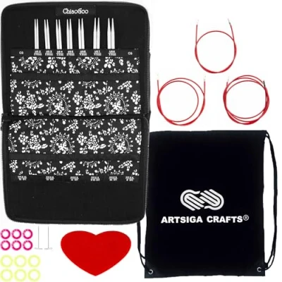 Image of ChiaoGoo Knitting Needles Interchangeable Twist Red Lace Small 4 Inch Needle Set Bundle with 1 Artsiga Crafts Project Bag 7400 S