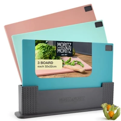 Image of Moritz &amp; 3 x Chopping Board Set with Stand 32 22 cm Boards for Kitchens in a Practical Colour Coded Dishwasher Safe and Hygienic Cutting