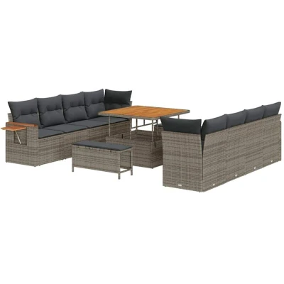 Image of vidaXL 11 Piece Garden Sofa Set with Cushions Grey Poly Rattan Acacia