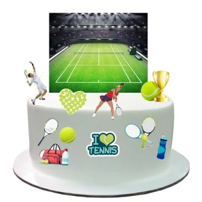 Image of Tennis Court Themed Edible Wafer Paper Cake Topper Scene