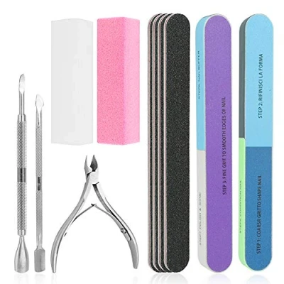 Image of Nail File Set, WOVTE 11 Pcs Files Block 7 Ways Buffer Sponge Polished, Come with Cuticle Nipper and Pusher for Dead Skin Trimming Manicure Tools