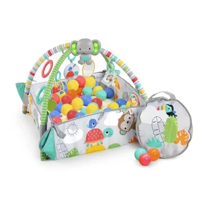 Image of Bright Starts, 5 in 1 Your Way Ball Play Activity Gym and Pit with 40 Balls Totally Tropical, 20+ Minutes of Lights Music, 7 Detachable Toys, Ages Newborn +