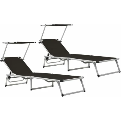 Image of vidaXL Folding Sun Loungers with Roof 2 pcs Aluminium&amp;Textilene Black