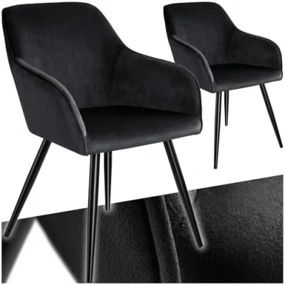 Image of TecTake® Set of 2 Dining Chairs in Velvet Look with Steel Legs, Thickly Padded Armchairs, Ergonomic Design &amp; Easy Assembly Ideal as Dining, Living Room, Bedroom Desk Black/Black