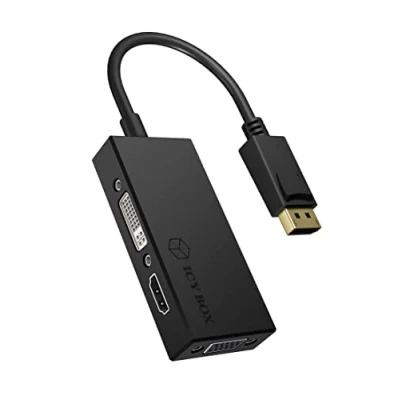 Image of Icy Box IB AC1031 3 in 1 adapter display port plug for HDMI (4K Ultra HD), DVI D or VGA (Full Black