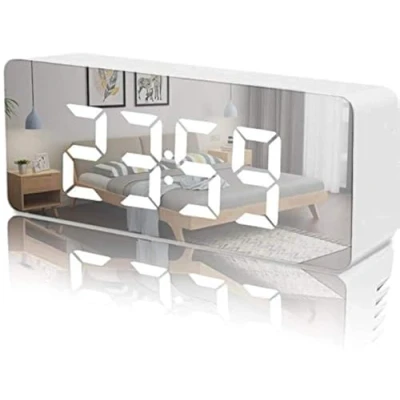 Image of JSTH Digital Alarm Clock, Bedside Clocks with Snooze Time Temperature Mirror Surface Function LED Clock for Office USB Powered &amp; Battery Backup Powered(White)