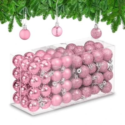 Image of Relaxdays Christmas Baubles Set of 96, Glittering, Matt and Sparkles, Plastic, Traditional Spheres, Decorations, Pink, 4 x 3 cm