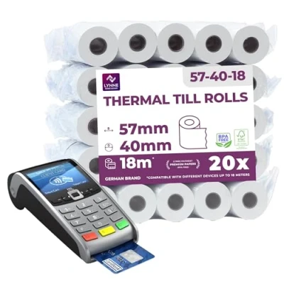Image of Thermal Till Rolls 57x40 PDQ for Cash Register Credit Card Receipt Paper 57mm x 40m 12mm BPA Free (Pack of 20 Rolls)