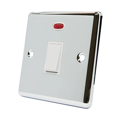 Image of AET CPC20ASWIWH Polished Chrome Classical 20A DP White Insert Plastic Rocker Switch 20 Amp Double Pole w/Neon Indicator