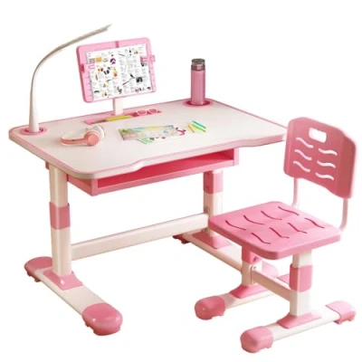 Image of Qiebenav Premium Kids Study Desk Chair Set, Height Adjustable Children School Table Ergonomic with Large Writing Board, Bookshelf and Drawer Pink LED Light