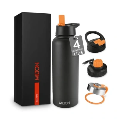 Image of Milton Stainless Steel Water Bottle 40 Oz with Straw Lid 4 Lids Included, Double Walled Vacuum Insulated,12 Hour Hot, 24 Hrs Cold, Metal for Sports, Gym, Travelling, Flassio, Black
