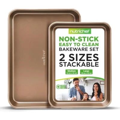 Image of 2 Pcs Baking Cookie Sheets Set Nonstick Pans for Baking, Carbon Steel Pan Sheet w/Rimmed Border, Metal, Reusable, Quality Kitchenware Cooking &amp; Cake Loaf, Designed Never to wrap