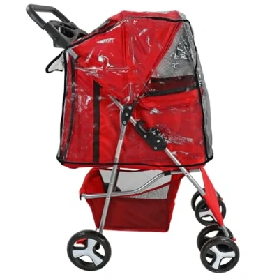 Image of Pet Stroller Pram Pushchair (Red with Cover)