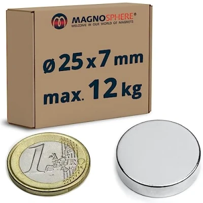 Image of 5 x Round Disc Magnet Ø 25 mm 7 Neodymium N42 (NdFeB) Nickel Force 12 kg Pieces Super Strong (Rare Earth) Circle Magnets for Fridge, Whiteboards, Magnetic Boards