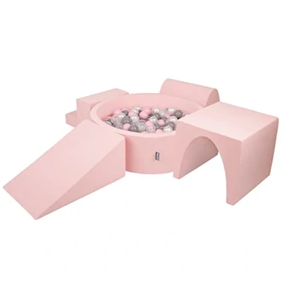 Image of KiddyMoon Foam Playground For Kids With Round Ballpit (300 Balls ∅ 7Cm/2.75In) Soft Obstacles Course And Ball Pool, Made In EU, Pink:Pearl/Grey/Transparent/Powder Pink