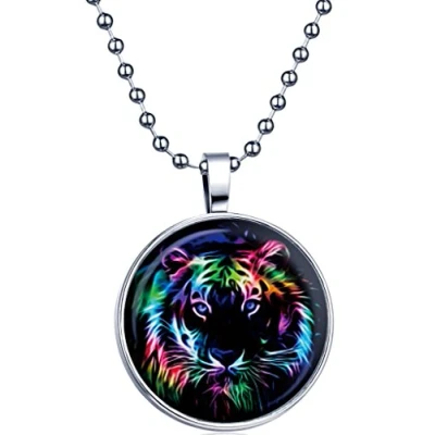 Image of Yumilok Coloured Tiger&#039;e Head Round Luminous Pendant Alloy Resin Locket Necklace for Women/Men, Fluorescent Blue
