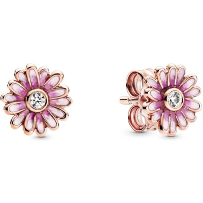Image of Pandora Moments Women&#039;s 14k Rose Gold Plated Pink Daisy Flower Stud Earrings, No Box