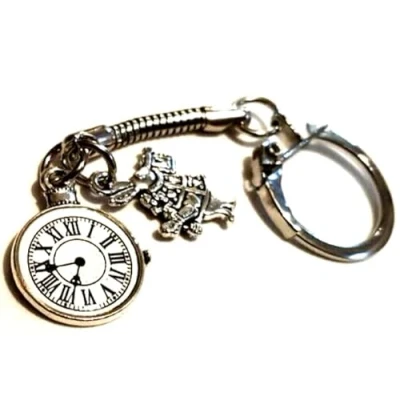Image of Silver Knight Alice in Wonderland Rabbit and Pocket Watch Bag Charm Keychain White Mad Hatter March Hare Keyring Cosplay Snake Keychain, Beige, clock 25mm x 20mm