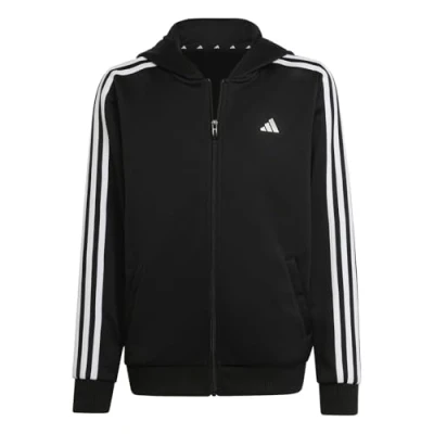 Image of adidas Boy&#039;s Train Essentials AEROREADY 3 Stripes Regular Fit Full Zip Hoodie, black/white, 9 10 Years