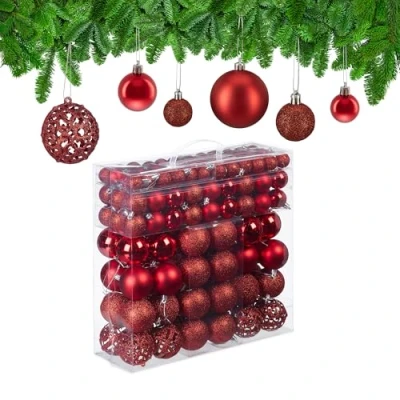 Image of Relaxdays 150 x Christmas Baubles, Glitter, Matt, Glossy, Tree Decoration, Plastic, Diameter 3, 4 and 6 cm, Red