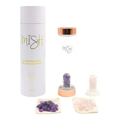 Image of Mish Crystal Natural Elixir Infused Glass Gemstone Water Bottle Amethyst Rose Quartz BPA Free 550ml