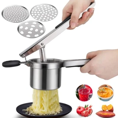 Image of Potato Ricer Masher, Food Grade Stainless Steel Press with 3 Interchangeable Discs, Multifunctional for Mashed Potatoes, Puree, Fruit &amp; Vegetables, Baby
