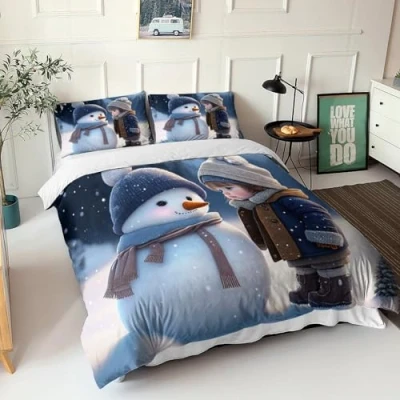 Image of GEEYOU Snowman 3 Piece Set Printed Duvet Cover Bed Set, Bedding Soft Cartoon Comforter With Zipper Quilt &amp; Pillowcaseswith Closure Microfiber Double（200x200cm）