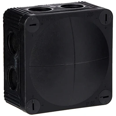 Image of Wiska Combi 308/5 Black Waterproof Junction Box With 5 Pole 4.0mmsq Screw Terminal &amp; 8 Self Sealing Cable Inlets (IP66 32A L:85x W:85x D:51mm)