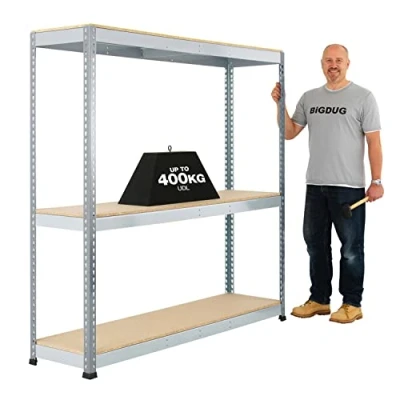 Image of BiGDUG Heavy Duty Garage Shelving Unit 3 Tier Industrial Racking 167.7cm x 152.5cm 45.5cm 1200kg Capacity Per Bay 400kg Shelf Galvanised
