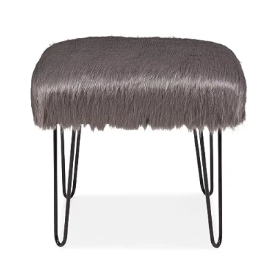 Image of Grey Faux Sheepskin Dressing Table Stool Fur Glam Bedroom Bench Seat Chair