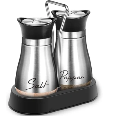Image of 2 Pack Stainless Steel &amp; Glass Salt and Pepper Shaker Set with Modern Holder (Silver&amp;Silver)