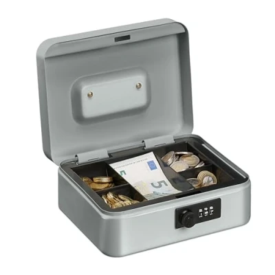 Image of Relaxdays Cash Box, Coin Counter Tray Combination Lock Change &amp; Notes, Steel, H x W D: 8.5 20 17 cm, Silver, Iron