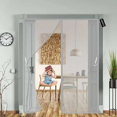 Image of Magnetic Fly Screen Door 115x205cm(45x81inch) Heavy Duty Patio Insect Screen,Top to Bottom Seal Automatically,for Bedroom/Balcony/Kitchen Grey