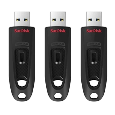 Image of SanDisk 32GB Ultra USB 3.0 Flash Drive, stick, memory stick with transfer speeds up to 130MB/s, Password protection, RescuePRO Deluxe software for data recovery, Triple Pack, Black