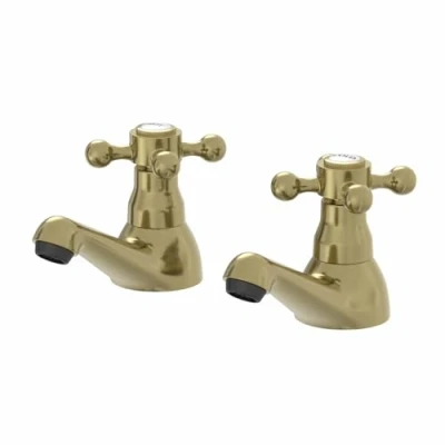 Image of Park Lane® Oxford Bathroom Bath Pillar Tap Set Pair Round Single Crosshead Handle for Bathtub Traditional, Brushed Brass