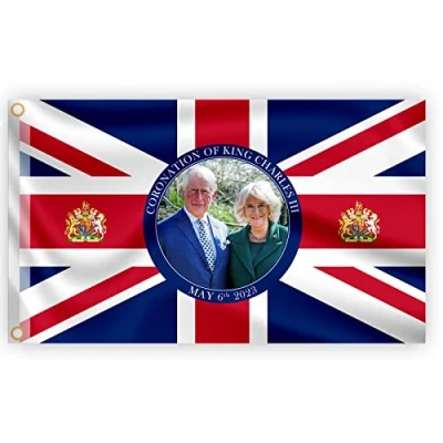 Image of 5x3FT Union Jack Flag New King Charles III Queen Consort Camilla British Monarch Sovereign Coronation Celebration Britain Garden Street Pub Outdoor Decorations