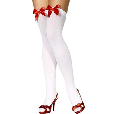 Image of Ladies Black White Blue Red Pink Gingham Bow Top Pirate Sailor Dorothy Halloween Fancy Dress Stockings Socks Hold Ups (White with Bow)
