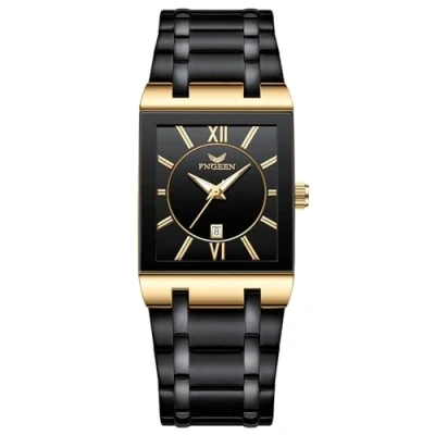 Image of JewelryWe Men Square Tank Watch: Black Analog Quartz Luminous Hands Stainless Steel Band Business Elegant Date Rectangular Multifunction Wristwatch