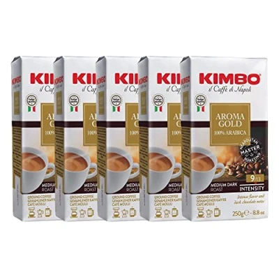 Image of Kimbo Coffee, Aroma Gold 100% Arabica Multipack, Ground Medium Dark Roast, 9/13, Italian 5 x 250g