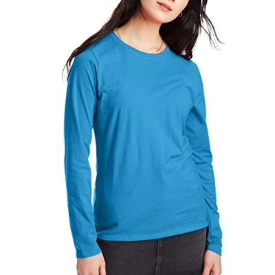 Image of Hanes Women&#039;s Originals Long Sleeve Cotton T Shirt, Lightweight Crewneck Tee, Modern Fit, Deep Dive, S