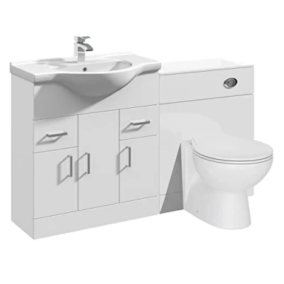 Image of VeeBath Linx 1350 Vanity Unit Furniture Set, Wash Basin Bathroom Sink, WC, Toilet Pan, Soft Close, Quick Release Seat with Concealed Cistern White (Flat Pack)