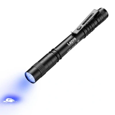 Image of Lepro 365nm UV Torch, Ultraviolet Flashlight, Pen Torch with Clip, High Purity, Small Light Powered by 2 AAA Batteries (Not Included), Black Detector for Pet Urine,Invisible Stain