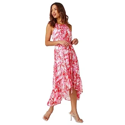 Image of Roman Originals Women Halter Neck Frill Midi Dress Ladies Special Occasion Evening Party Wedding Guest Print Ruffle Detail Sleeveless Round Dresses Pink Ivory Size 20